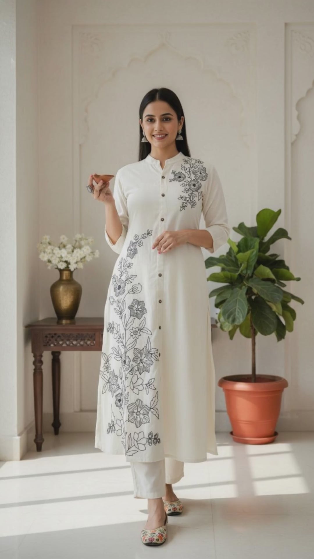 Pearl White Floral Embroidered Kurta Set with Lace Details