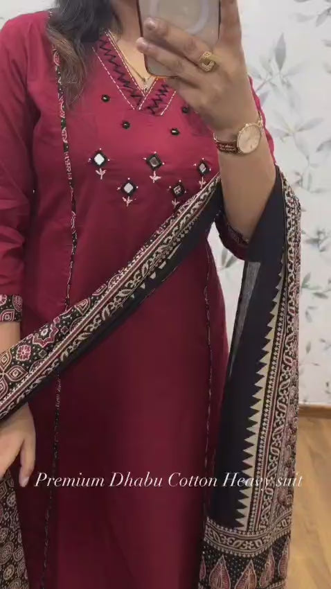 Maroon Embroidered Anarkali Kurta Set with Mirror Work and Contrast Dupatta