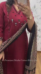 Maroon Embroidered Anarkali Kurta Set with Mirror Work and Contrast Dupatta
